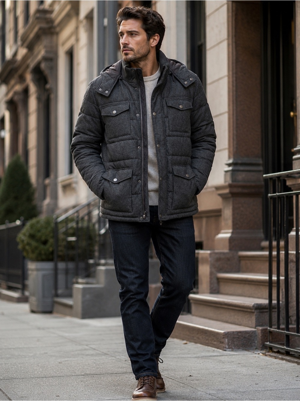 INC Men's Grey Felt Wool Puffer Jacket Hooded Winter Coat Warm XXL